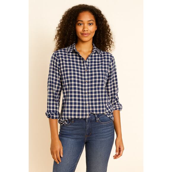 LANDS' END navy & white plaid button down shirt | Women's Size Small - Picture 1 of 8